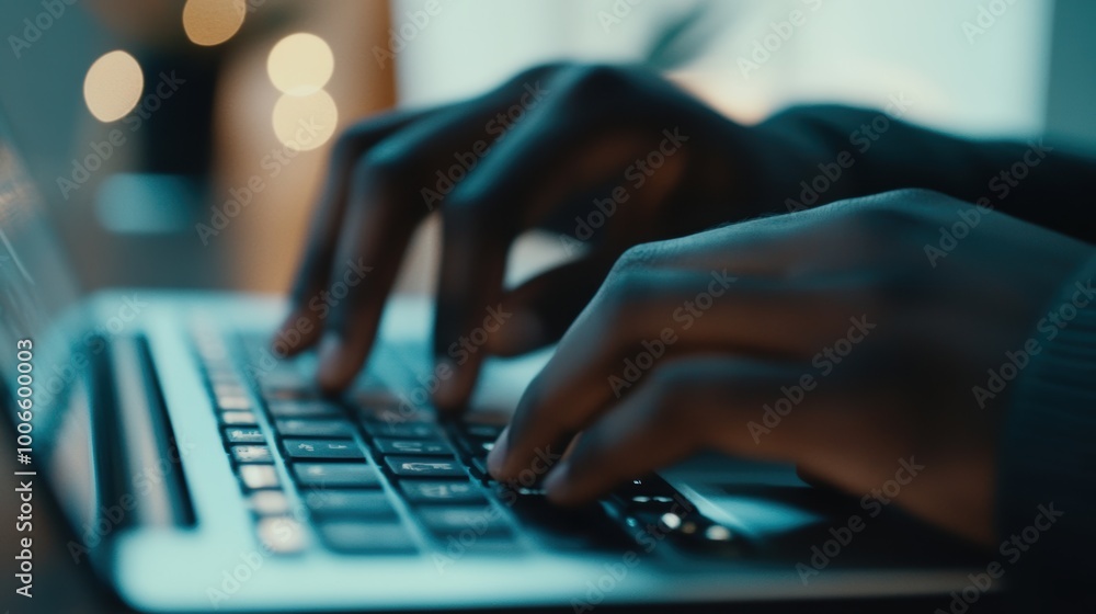 Poster programmer writing code on laptop keyboard at night working late