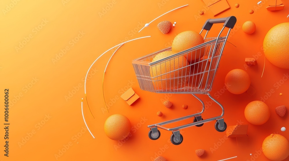 Poster an empty shopping cart is placed on an orange background with scattered geometric objects, symbolizi