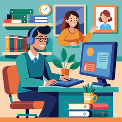 A Teacher Conducting an Online Class, Sitting at a Desk With a Computer and Headset in a Virtual Learning Environment. Vector art Illustraion 