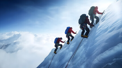 A team of elite mountain warfare specialists, climbing a steep, icy slope with ropes and ice axes, their faces determined as they approach their objective. Mountain warfare soldiers scaling an icy cli