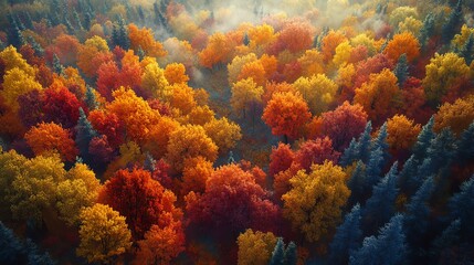 Obraz premium Vibrant autumn foliage fills a dense forest, with sunlight streaming through the canopy.
