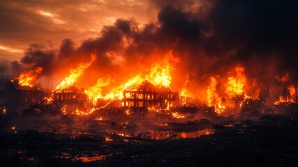Naklejka premium Fiery Destruction of a City in Flames - Made with Generative AI