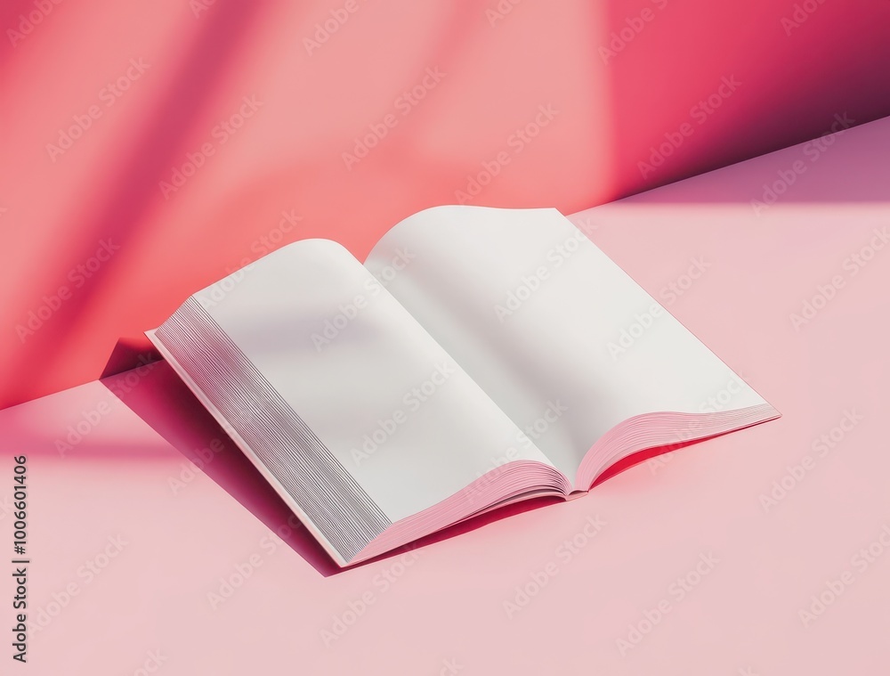 Poster 3d rendering of an open, blank magazine book template mockup on a white background with a shadow and
