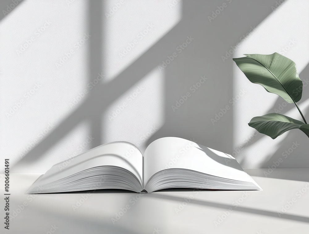 Poster 3d rendering of an open, blank magazine book template mockup on a white background with a shadow and