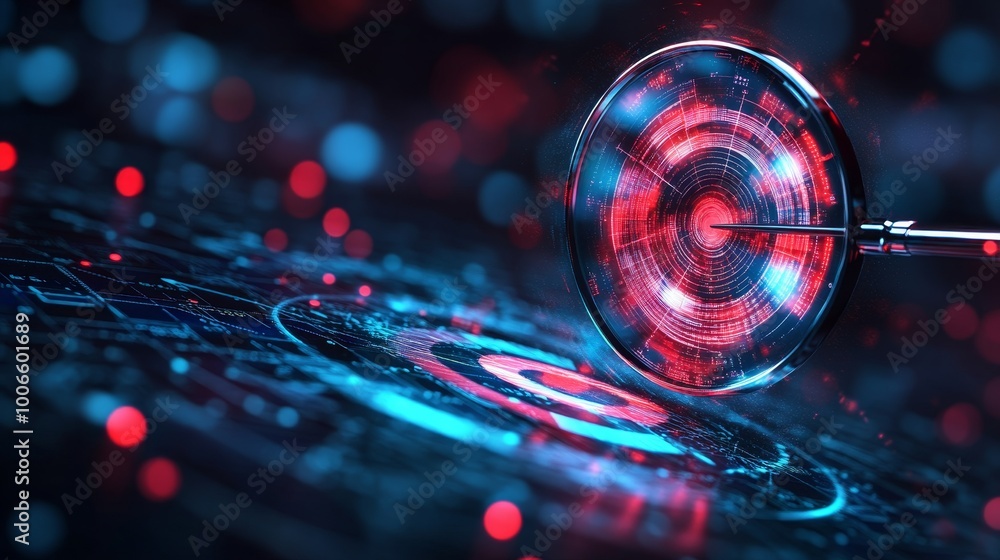 Poster a futuristic representation of digital technology with a magnifying glass focused on a virtual netwo