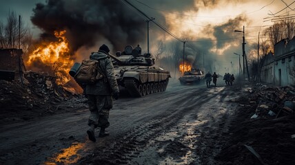 Soldiers Advancing Through Rubble and Flames - Made with Generative AI