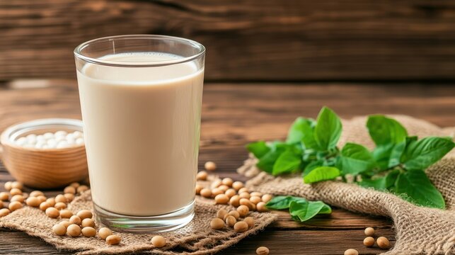 Soy milk in a glass with soybeans scattered on wooden background,vegan alternative