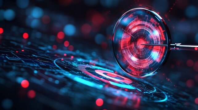 A futuristic representation of digital technology with a magnifying glass focused on a virtual network interface.