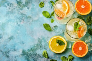 Refreshing Lemon and Orange Beverage on Retro Mint Pastel Background