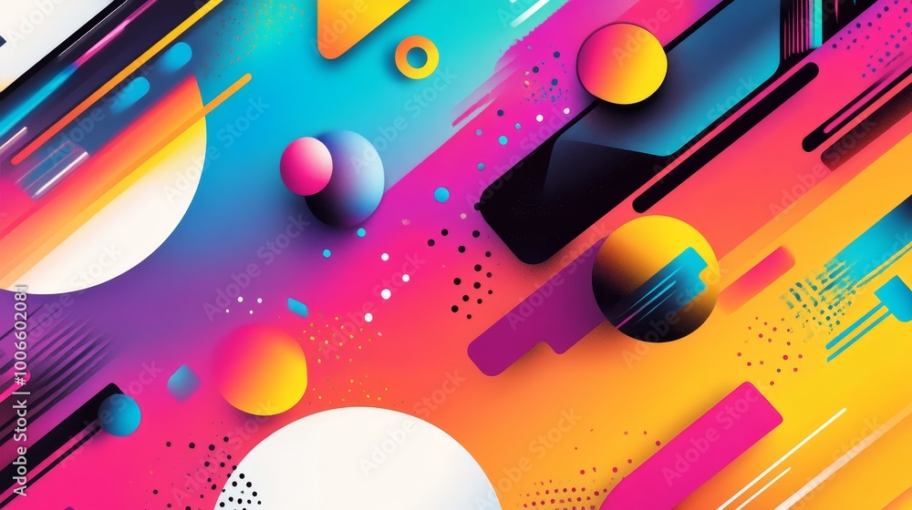 Poster a striking abstract composition features colorful geometric shapes and flowing elements, creating a 