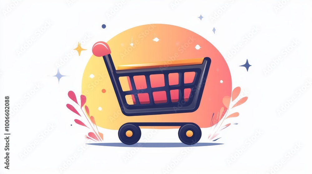 Poster a stylized shopping cart with a round handle stands against a warm gradient background, symbolizing 
