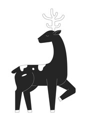 Gracious reindeer figure snow covered black and white 2D line character. Wild animal deer with antlers. Stag winter wildlife mammal isolated vector outline animal. Monochromatic spot illustration