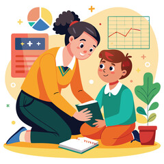 A Teacher Kneeling Next to a Student, Helping Them Solve a Math Problem on Their Workbook. Vector art Illustraion 