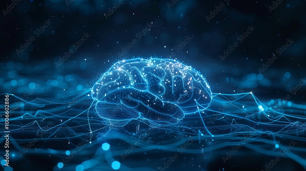 Poster a digital brain made of glowing blue lines and dots, surrounded by an array of interconnected nodes 