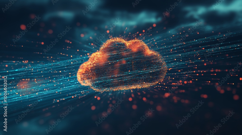 Poster this image depicts an abstract digital cloud with dynamic data and glowing lines, symbolizing modern