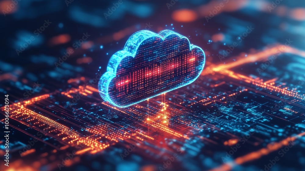 Poster the image shows a futuristic data cloud surrounded by digital circuits and neon connections in a vir