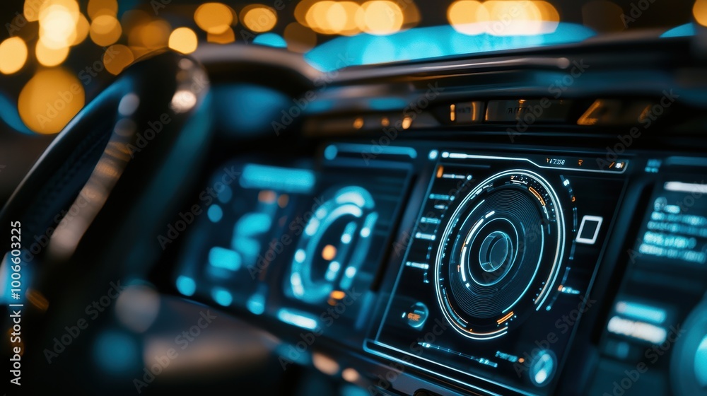Poster futuristic car dashboard glowing at night showing speed and navigation system