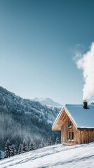 A cozy wooden cabin in a snow-covered landscape, with smoke swirling from the chimney against a clear blue sky.