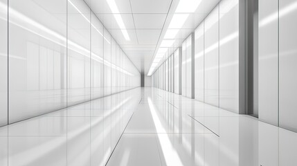 A long, empty hallway with white walls and a white ceiling, with a reflection of the lights visible on the floor.