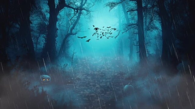 A spooky forest with eerie surrounded by dark, misty trees under a deep blue sky. seamless looping time-lapse virtual video animation background
