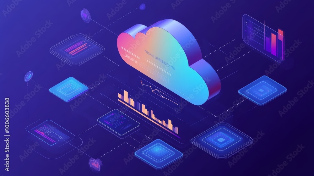 Poster the image is a digital illustration showing a colorful cloud surrounded by data transfers, highlight