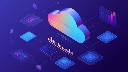 The image is a digital illustration showing a colorful cloud surrounded by data transfers, highlights cloud computing technologies and analytics.