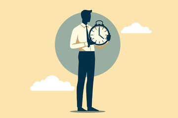 Smart and disciplined businessman standing and holding a clock