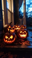 A festive display of glowing jack-o'-lanterns on a porch, surrounded by autumn leaves, capturing the spirit of Halloween night.