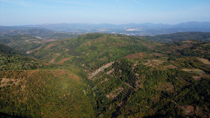 Aerial view on the top of the hill and forest.