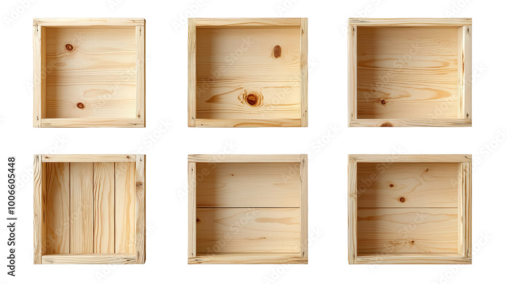 Poster wooden storage boxes in various orientations showcase their natural grain and texture, perfect for o