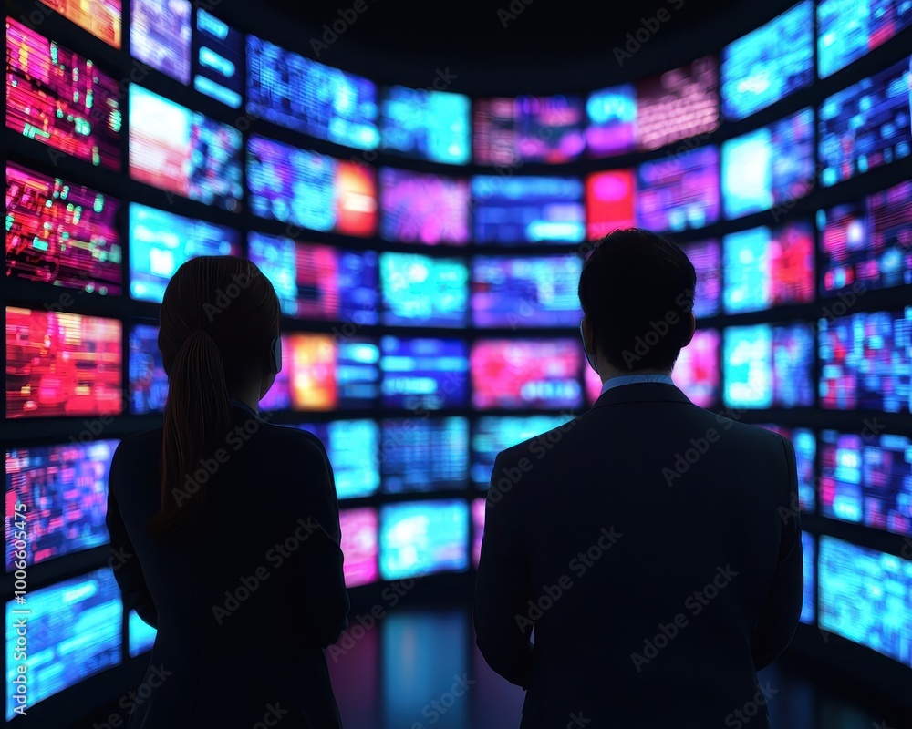 Poster a captivating scene of two individuals observing a wall of vibrant screens displaying data and infor
