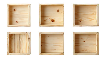 Wooden storage boxes in various orientations showcase their natural grain and texture, perfect for organizing or displaying items. Their simple design adds rustic charm to any space