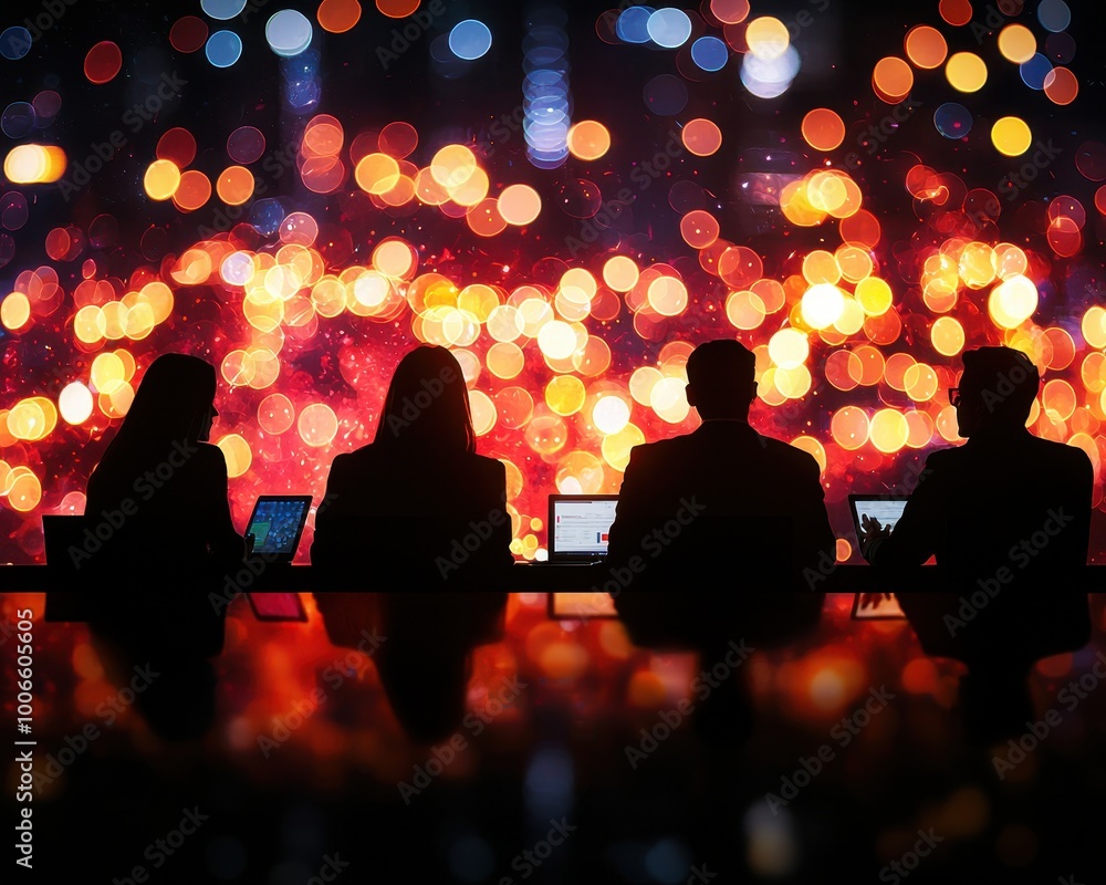 Poster silhouettes of four individuals at a desk overlook a vibrant, illuminated backdrop, creating a dynam