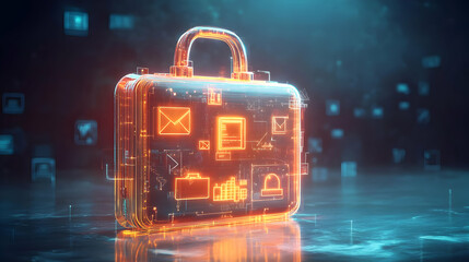 3D Glowing Briefcase Icon on Plain White Background with Business Process Symbols - Leadership Responsibility Concept for Advertising