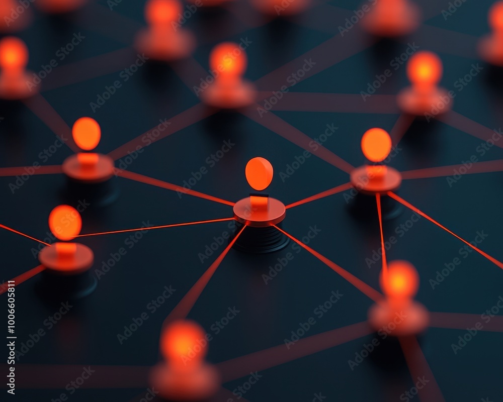 Poster a network of glowing orange nodes connected by lines, representing social connections or digital com