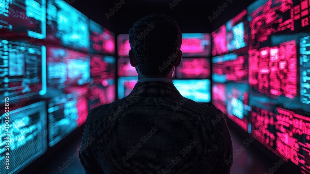 Poster a person stands before multiple glowing screens filled with digital data, illuminated in vibrant pin