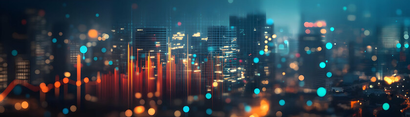 Blurred Cityscape with Bokeh Lights and Financial Growth Graphs: Urban Night Skyline Symbolizing Economic Progress in Business Advertisements