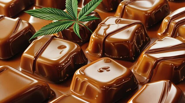 A single marijuana leaf sits atop a bed of rich, dark chocolate squares