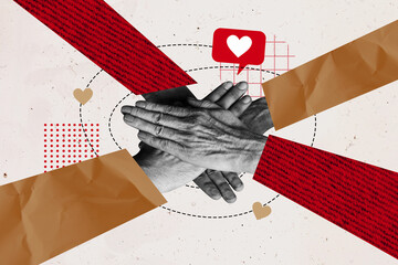 Image collage sketch of people together touch hands support team connection isolated on creative background