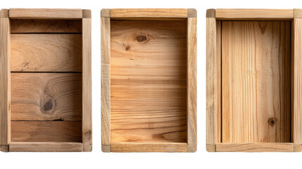 Wooden storage boxes in three different styles, showcasing natural wood grain and textures. Ideal for organizing items or as decorative pieces in various settings