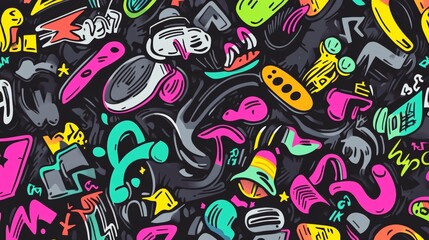 An explosion of color and symbols in a graffiti style, featuring dynamic shapes and vibrant neon hues.