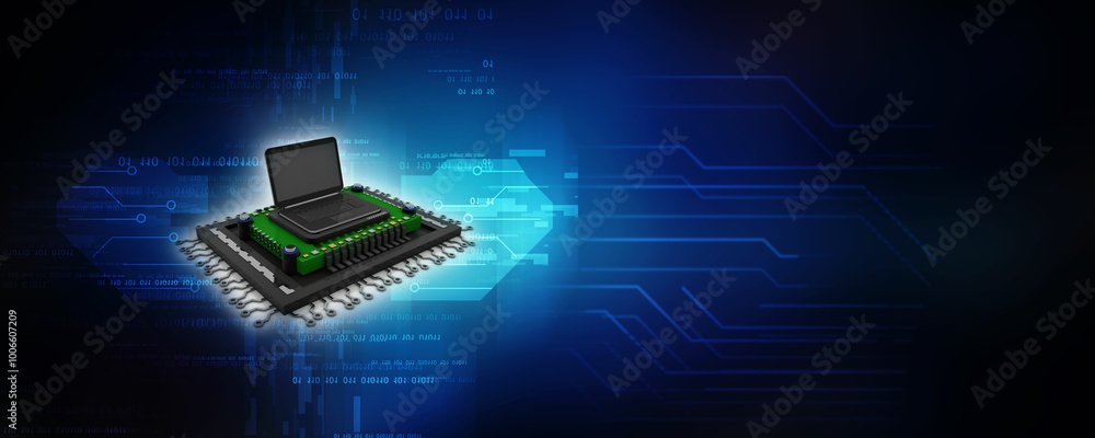 Poster 3d render laptop computer with microchips
