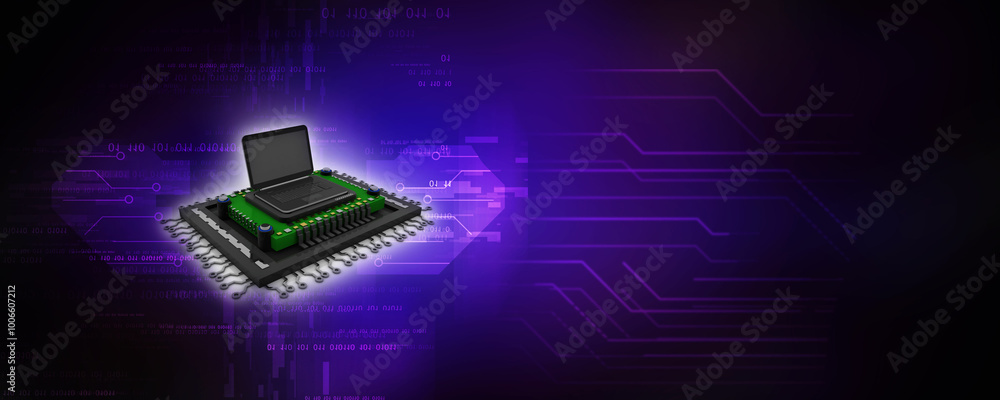 Poster 3d render laptop computer with microchips