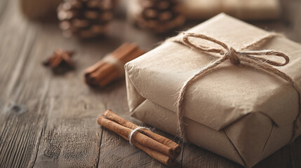 Eco-friendly Christmas gift wrapping scene with a handcrafted box, biodegradable wrapping paper, and eco decorations like cinnamon sticks and jute ribbon on a rustic wooden surface