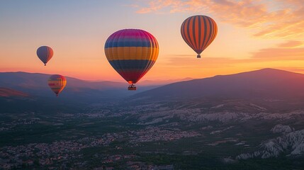 Naklejka premium Hot Air Balloons Soaring Over a Picturesque Landscape at Sunset