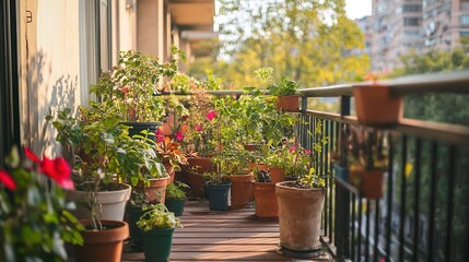 Fototapeta premium Vibrant Balcony Garden with Colorful Flower Pots