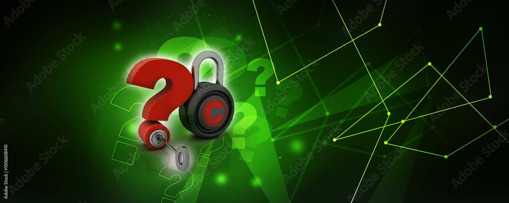 Poster 3d rendering question mark with copyright lock