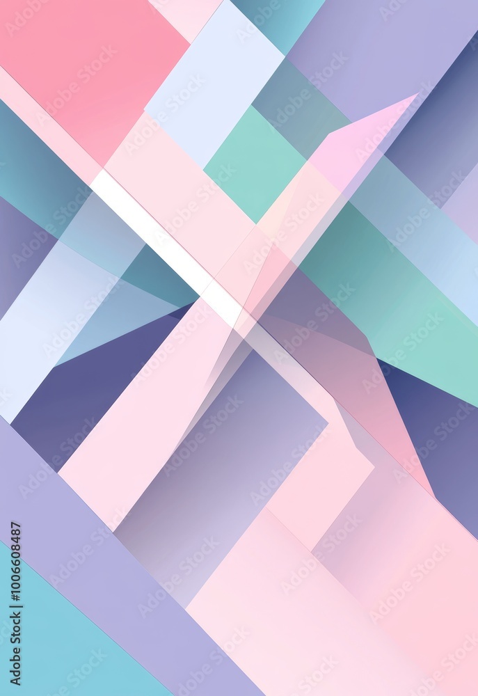 Poster a vibrant abstract geometric art piece with pastel hues and overlapping shapes creating depth and vi