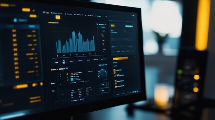 Computer screen showing graphs and data visualizations in a modern office environment