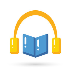 Book with headphones or headset icon logo. Concept for online audiobook, radio, listening to podcasts, online learning, e-books in audio format.